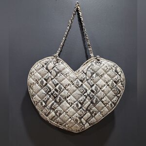 Bebe Quilted Heart Handbag Purse Tassel Zipper Faux Leather Snakeskin Print Vtg